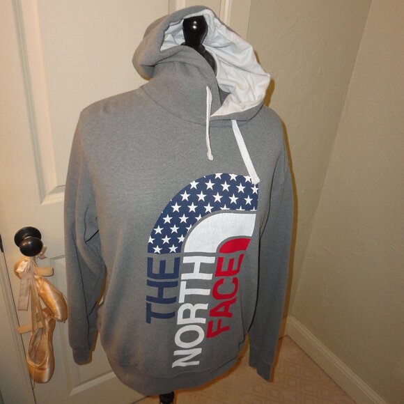 NORTH FACE Red White & Blue Gray Men's Hoodie with Pockets Size L - Picture 1 of 5